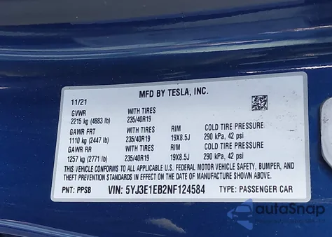 2022 Tesla Model 3 Long Range Dual Motor All-Wheel Drive from USA, damaged, VIN 5YJ3E1EB2NF124584
